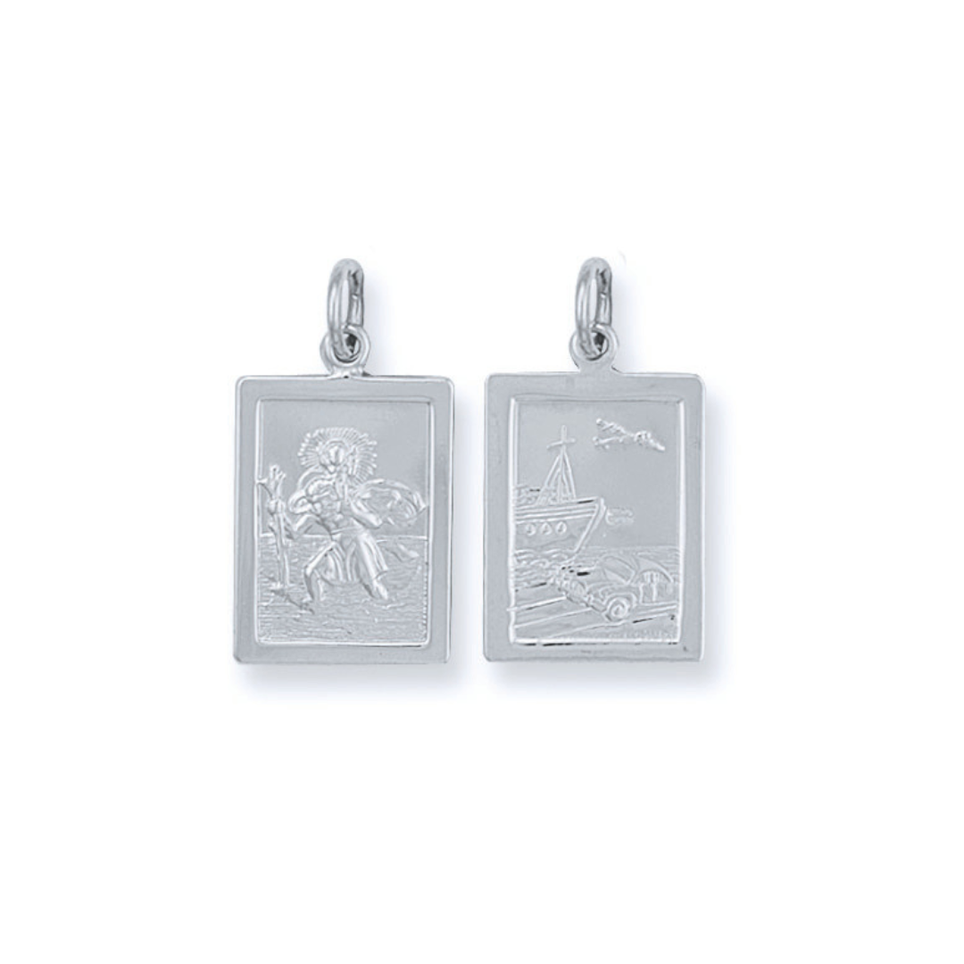 925 Sterling Silver Double Sided Rectangular St Christopher Pendant with Chain