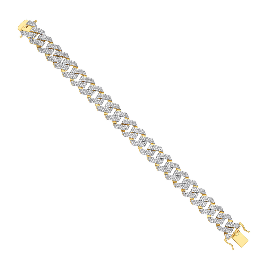 9ct Yellow Gold Cubic Zirconia 14.5mm Prong Cuban Gents Bracelet