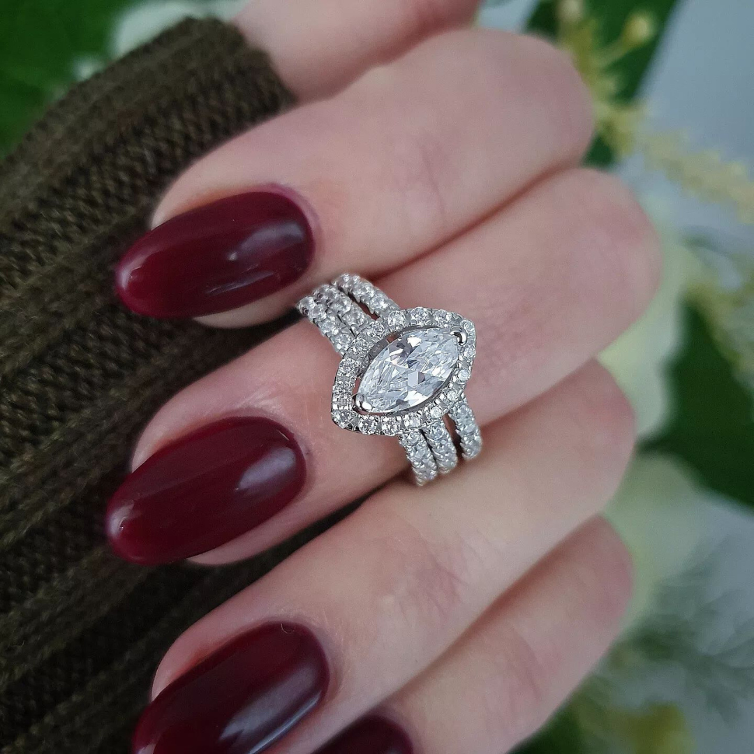 925 Sterling Silver 3 Piece Ring Set Marquise Cut Halo & Two Eternities