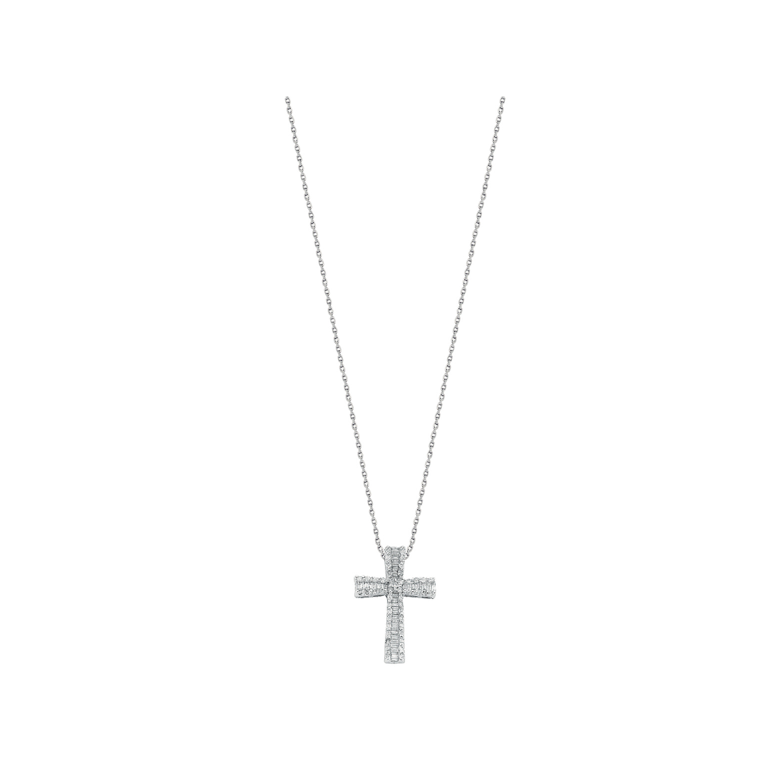 9ct White Gold 0.50ct Brilliant & Baguette Cut Diamond Cross Pendant with 18in/45cm Chain