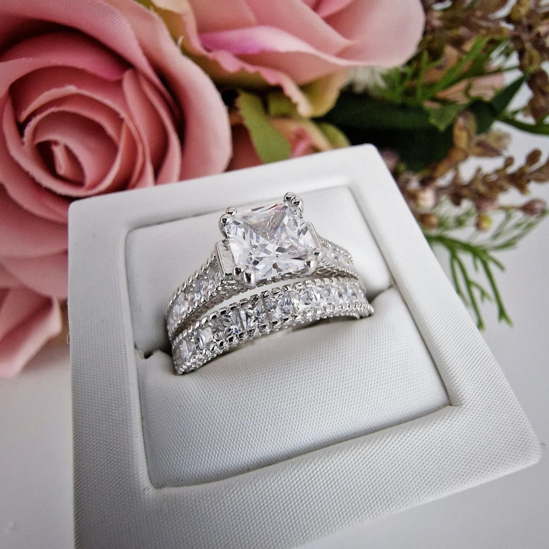 925 Sterling Silver Princess Cut Cz Ladies Ring Set With Migraine Sides
