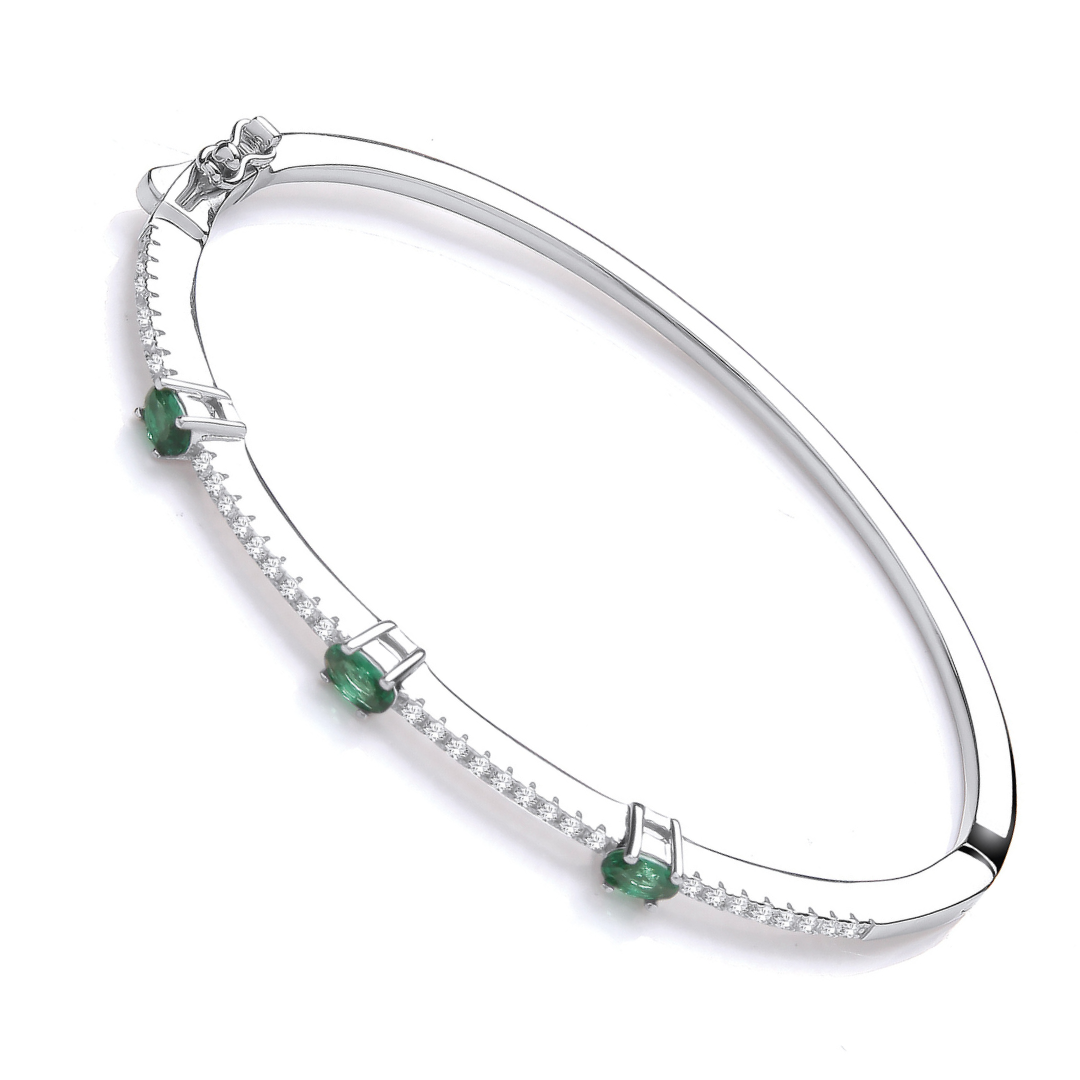 925 Sterling Silver Green & Clear Cubic Zirconia Bangle J-Jaz