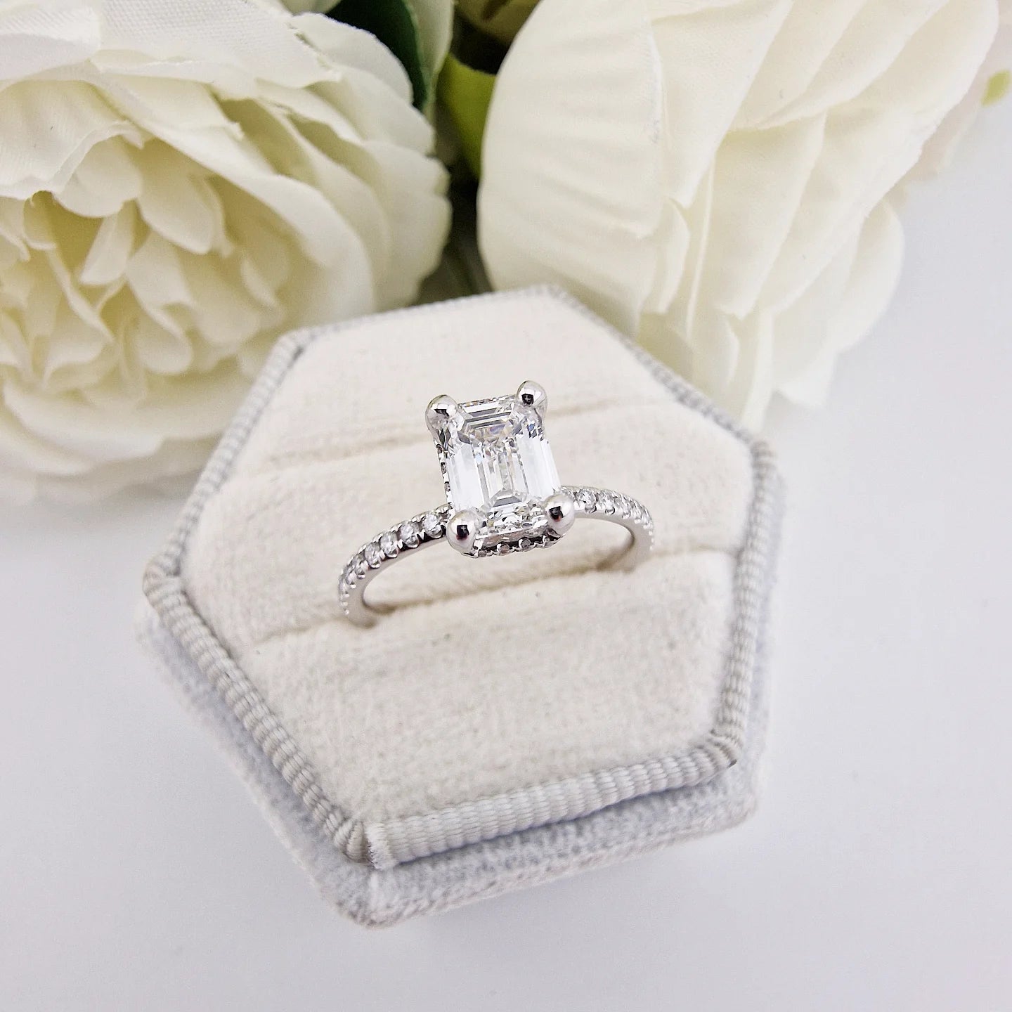 18ct White Gold 1.23ct Emerald Cut Lab Grown Hidden Halo Diamond Ring IGI Certified