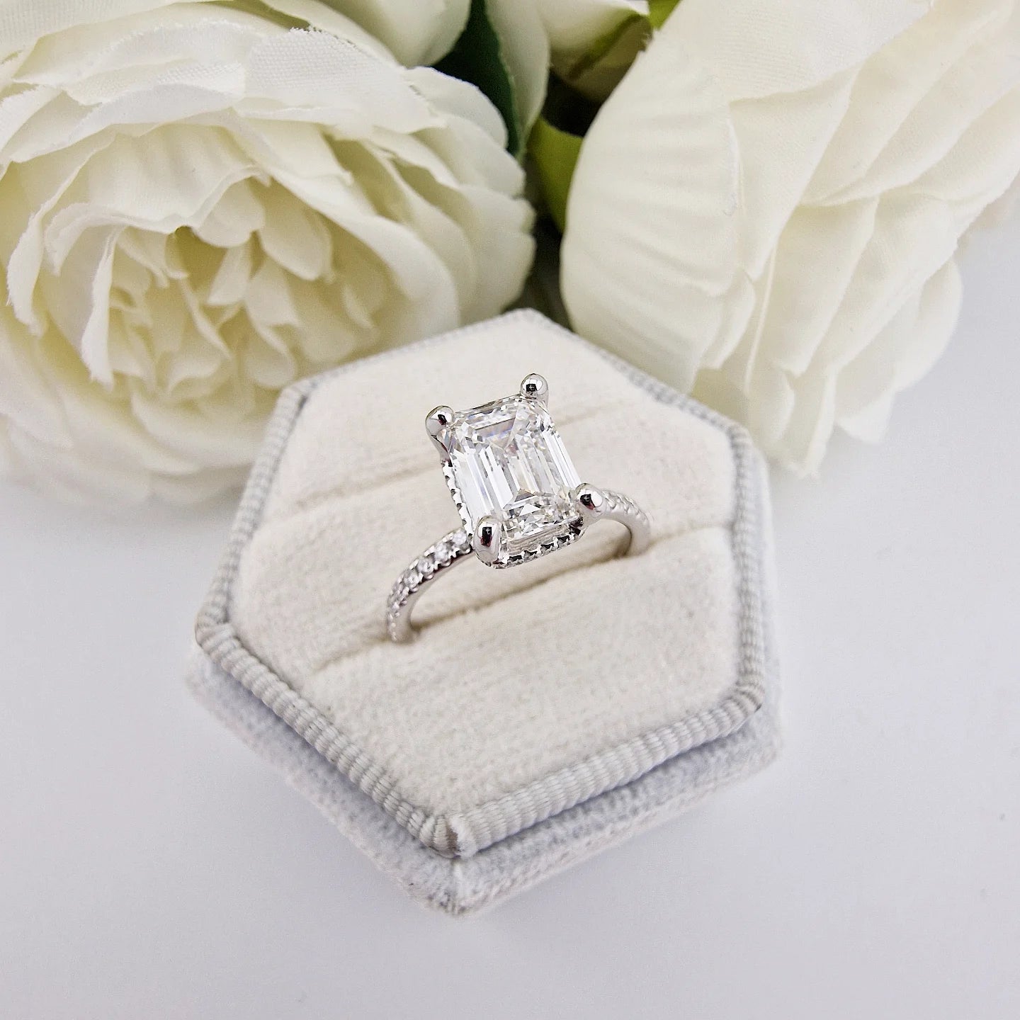 18ct White Gold 2.25ct Emerald Cut Lab Grown Hidden Halo Diamond Ring IGI Certified