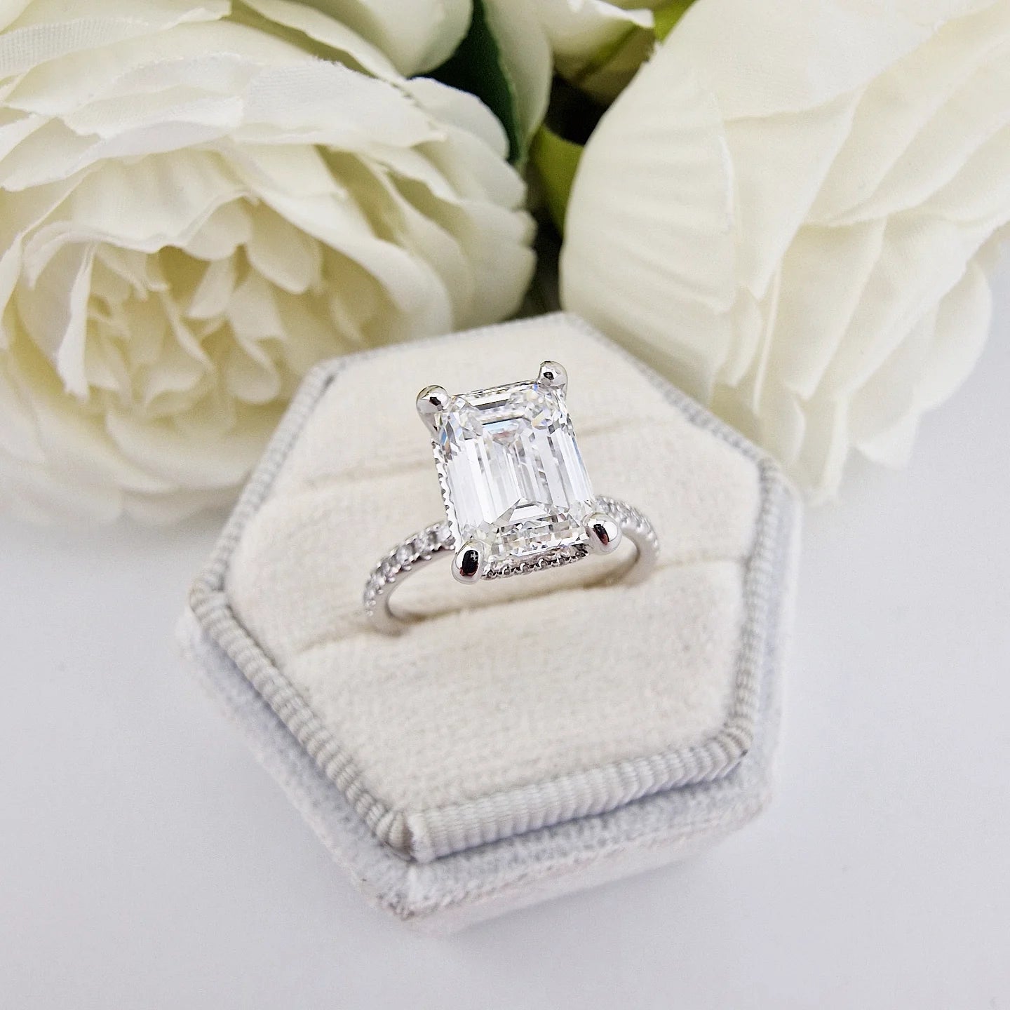 18ct White Gold 3.30ct Emerald Cut Lab Grown Hidden Halo Diamond Ring IGI Certified