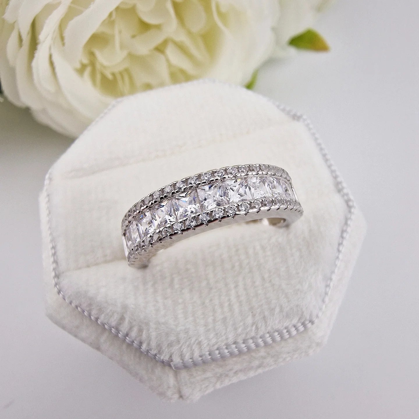 925 Sterling Silver Princess Cut & Round CZs Half ET Ring