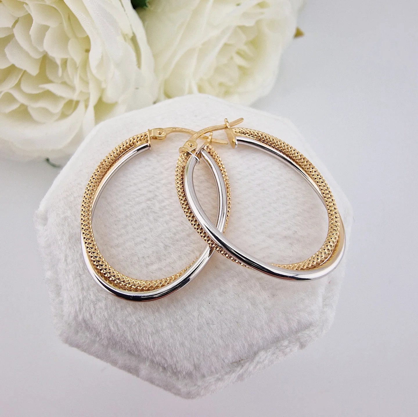 9ct White & Yellow Gold 30mm Oval Double Hoop Earrings