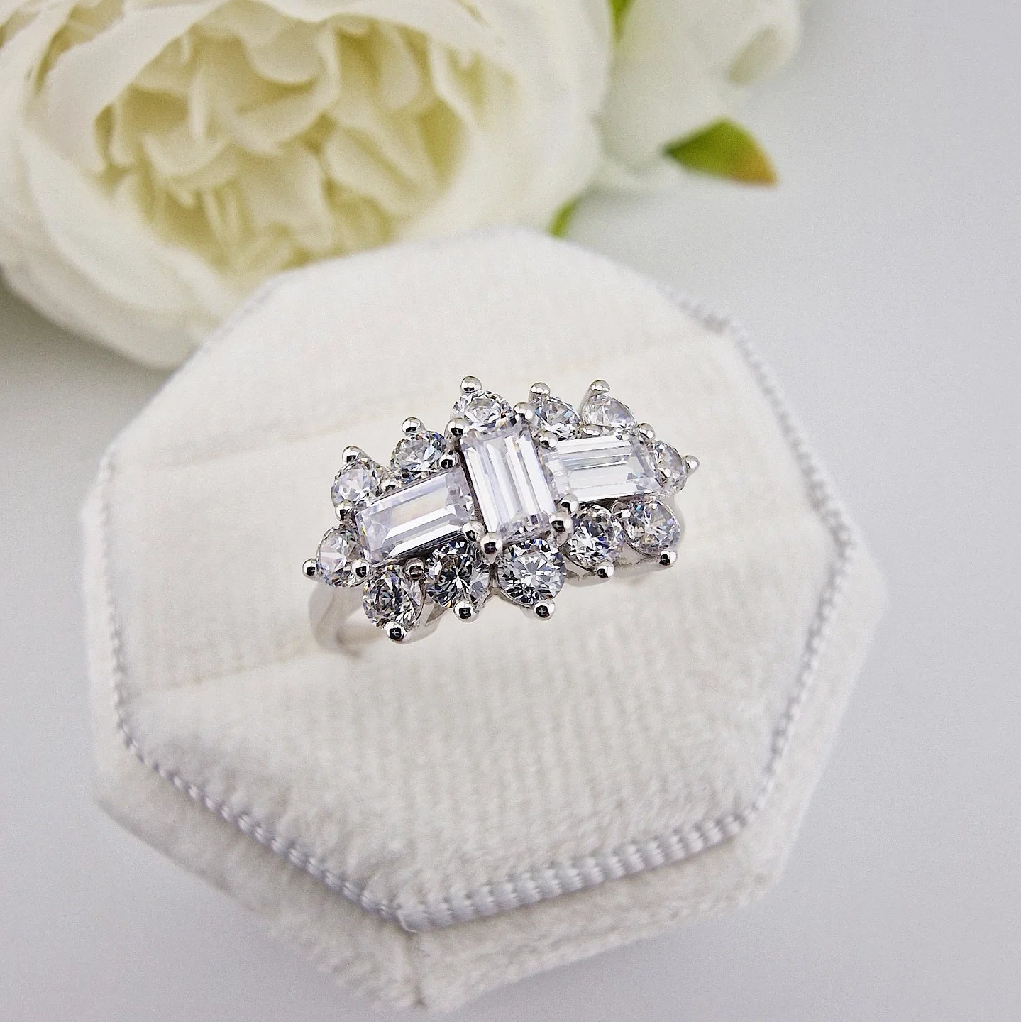 9ct White Gold Round & Baguette Cut Cz Boat Ring