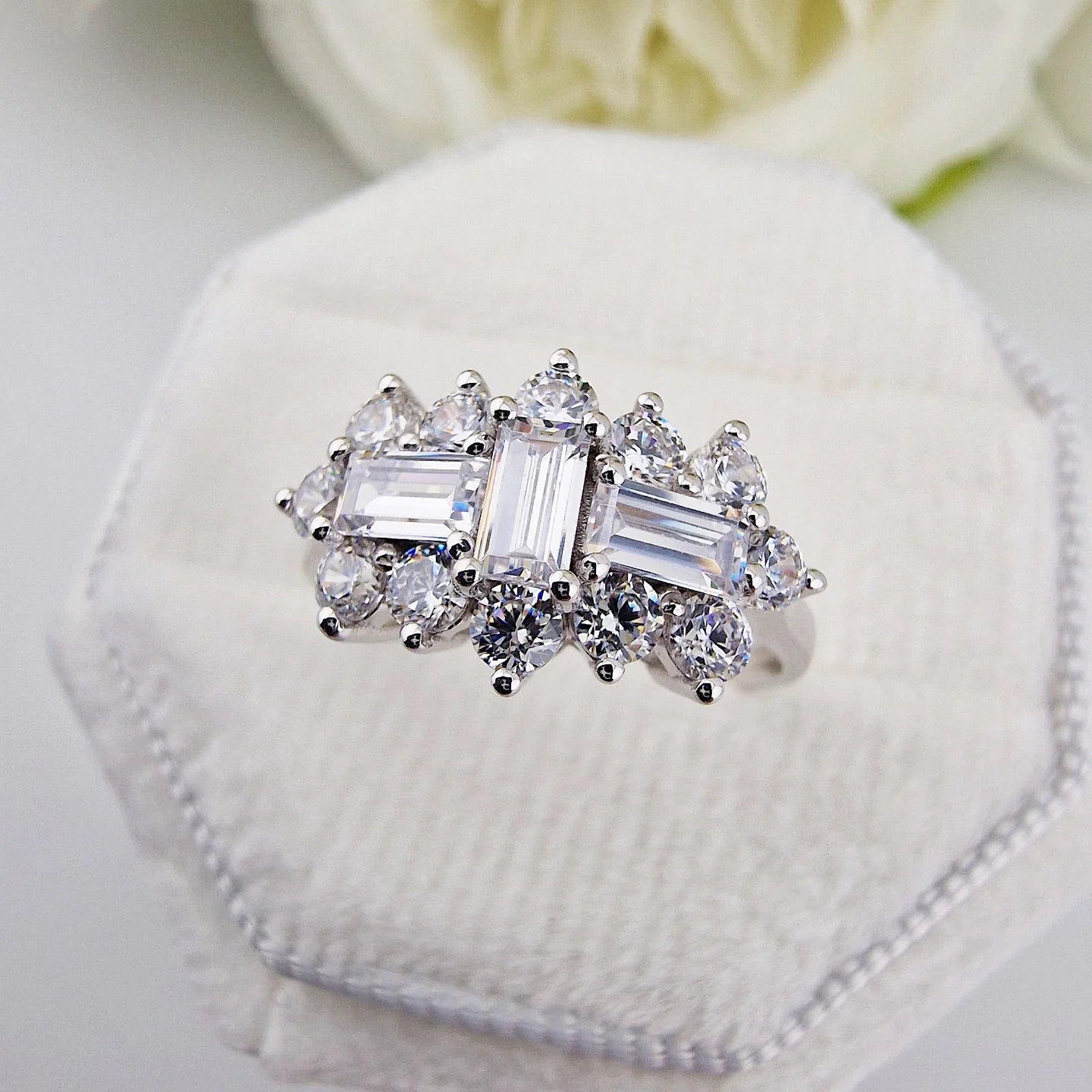 9ct White Gold Round & Baguette Cut Cz Boat Ring