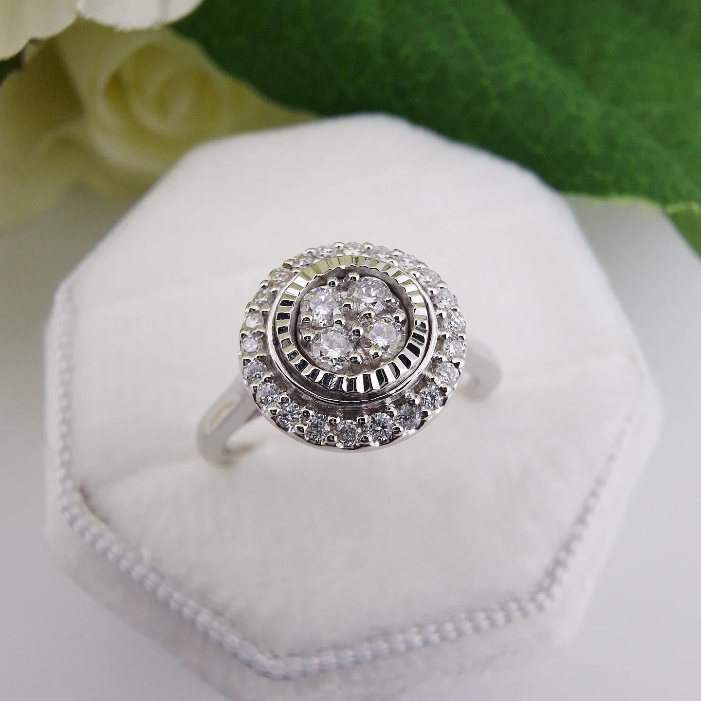9ct White Gold 0.25ct Diamond Cluster Ring with Diamond Cut Bezel