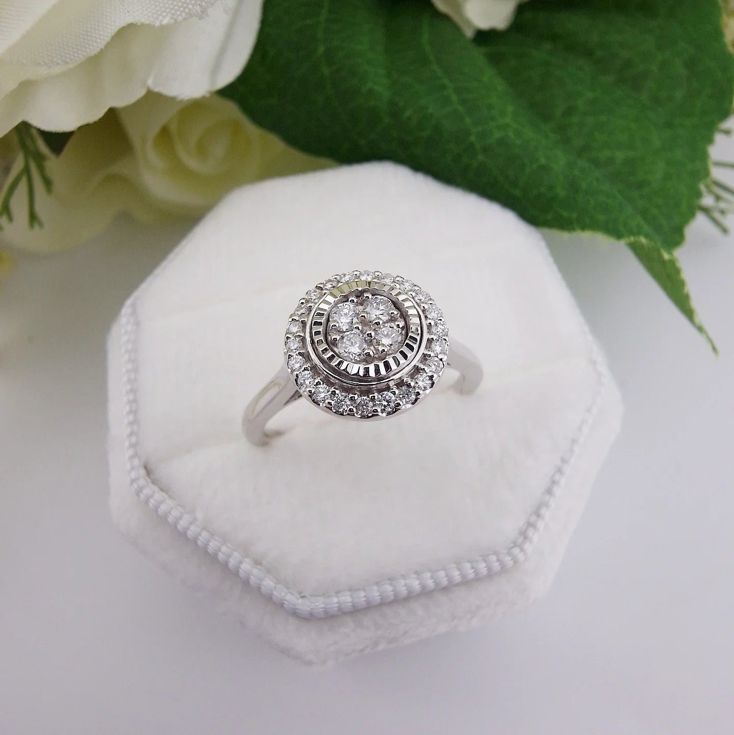9ct White Gold 0.25ct Diamond Cluster Ring with Diamond Cut Bezel