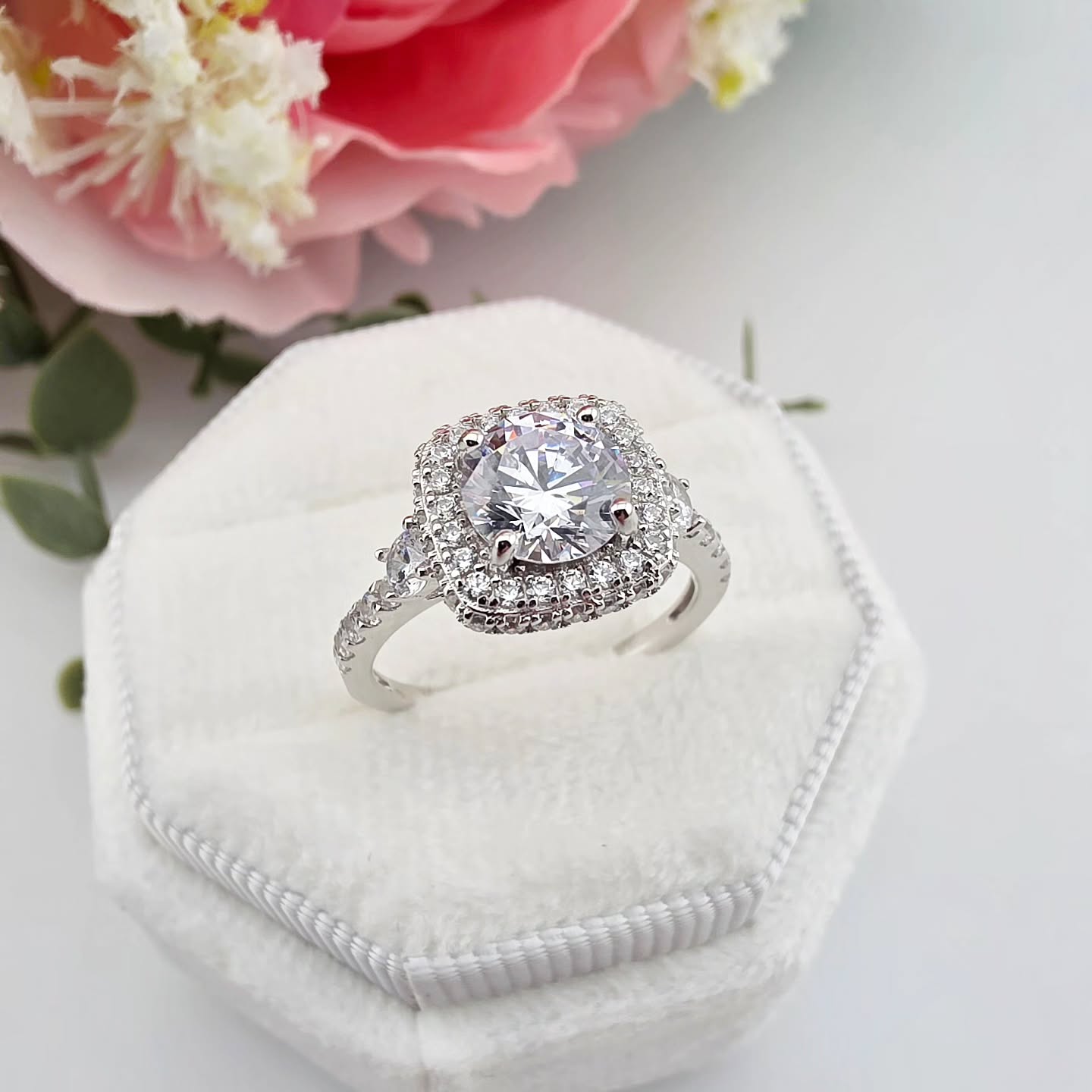 925 Sterling Silver Cz Halo with Side Accents Ring