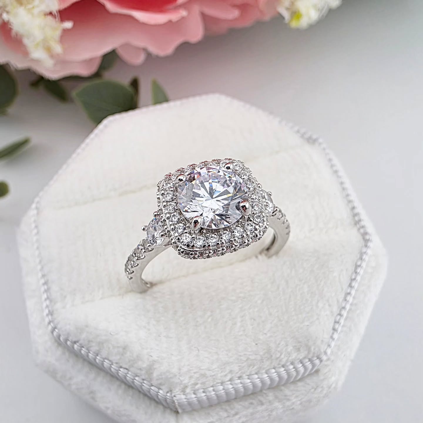 925 Sterling Silver Cz Halo with Side Accents Ring