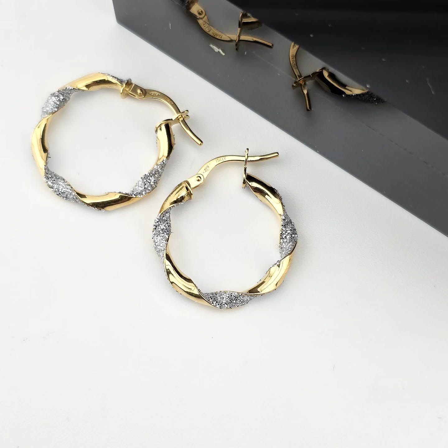 9ct Yellow White Gold Glitter Finish Twisted Small Hoop Earrings