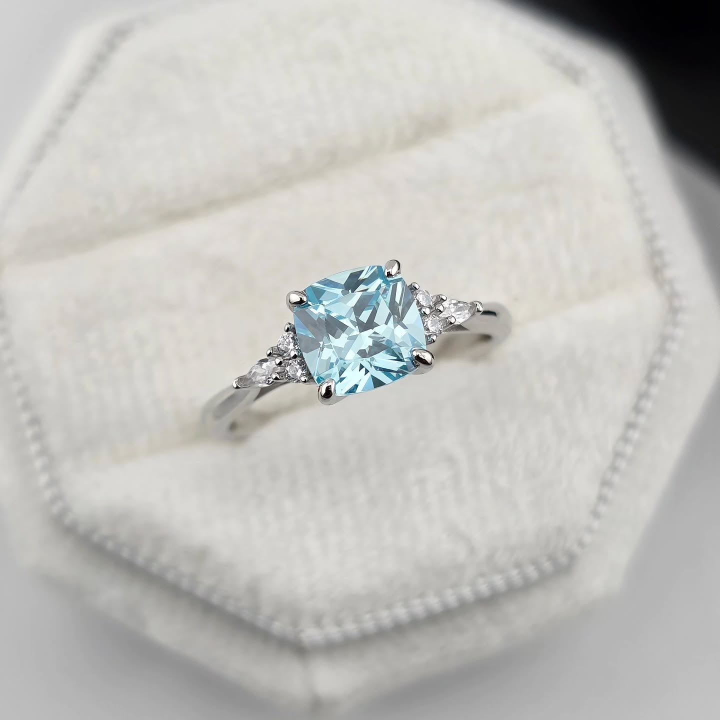 925 Sterling Silver Aqua Cushion Cut Cz Ring with Tapered Round & Marquise Accents