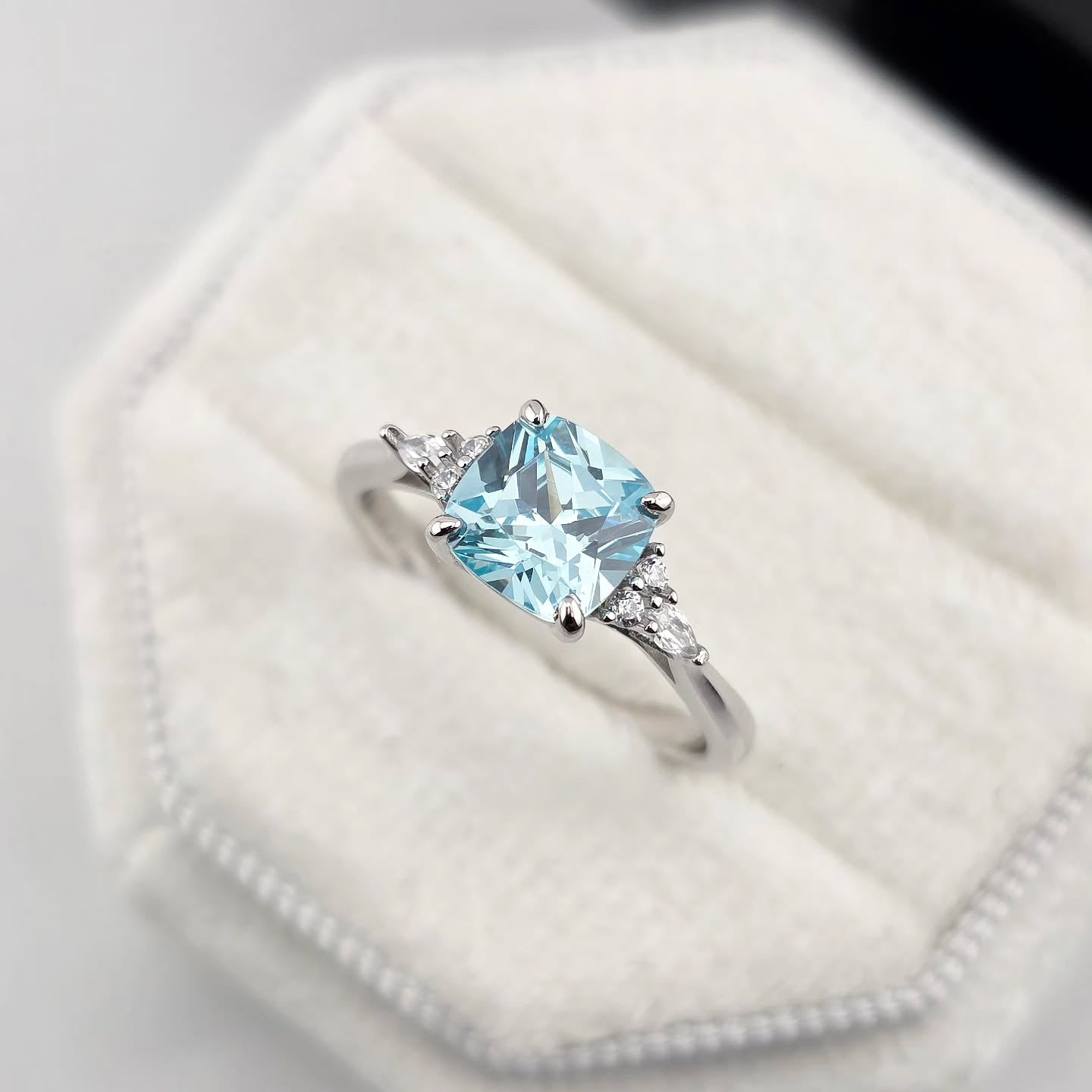 925 Sterling Silver Aqua Cushion Cut Cz Ring with Tapered Round & Marquise Accents