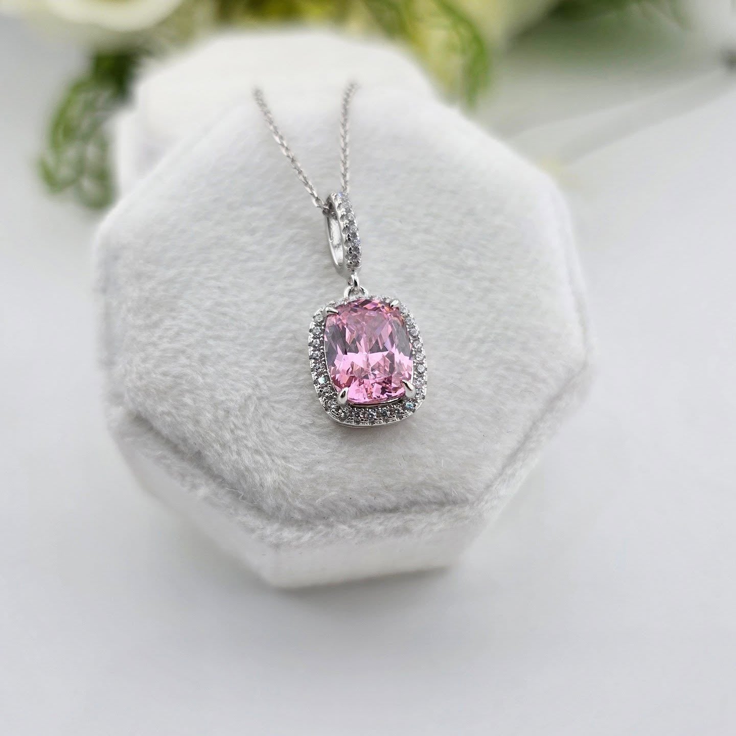 925 Sterling Silver Pink Cushion Cut CZ Pendant with Chain