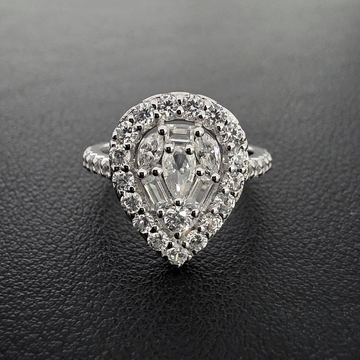 925 Sterling Silver Radiant Pear Shaped Round & Baguette CZ Cluster Ring