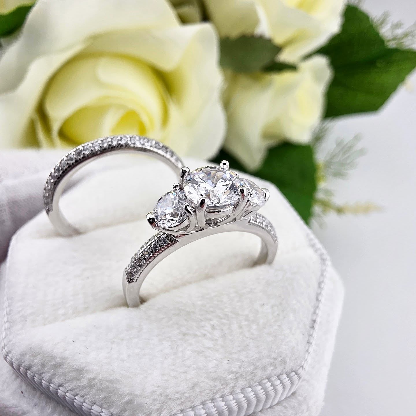 925 Sterling Silver Cz Trilogy Ring Set