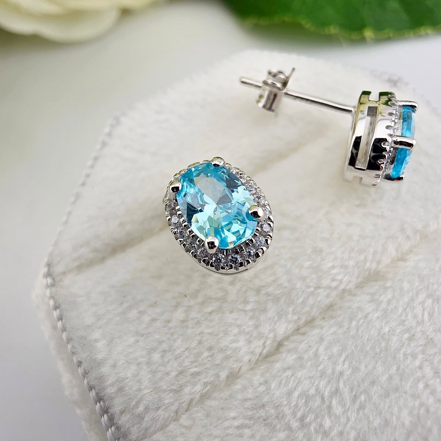 925 Sterling Silver Aqua Cz Oval Halo Stud Earrings