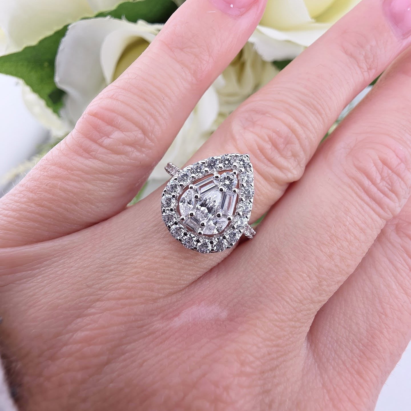 925 Sterling Silver Radiant Pear Shaped Round & Baguette CZ Cluster Ring