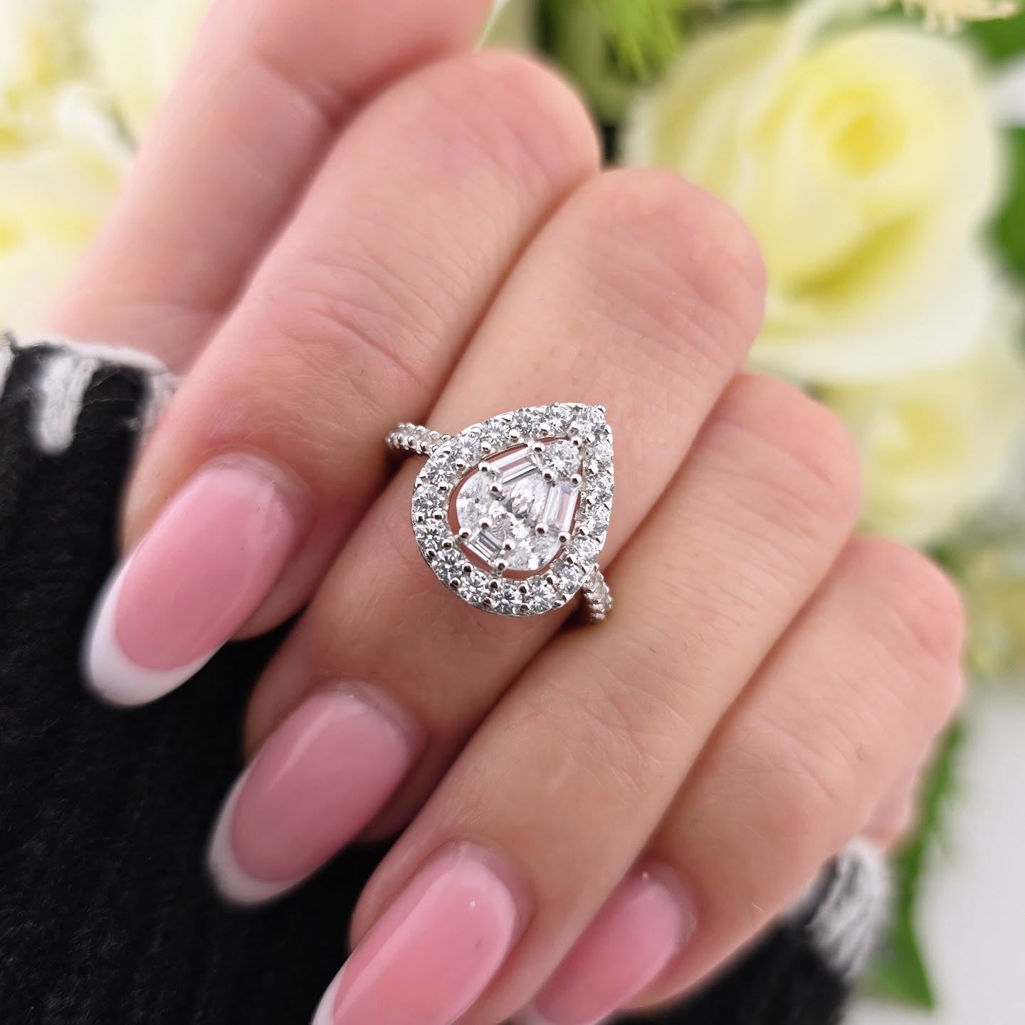 925 Sterling Silver Radiant Pear Shaped Round & Baguette CZ Cluster Ring