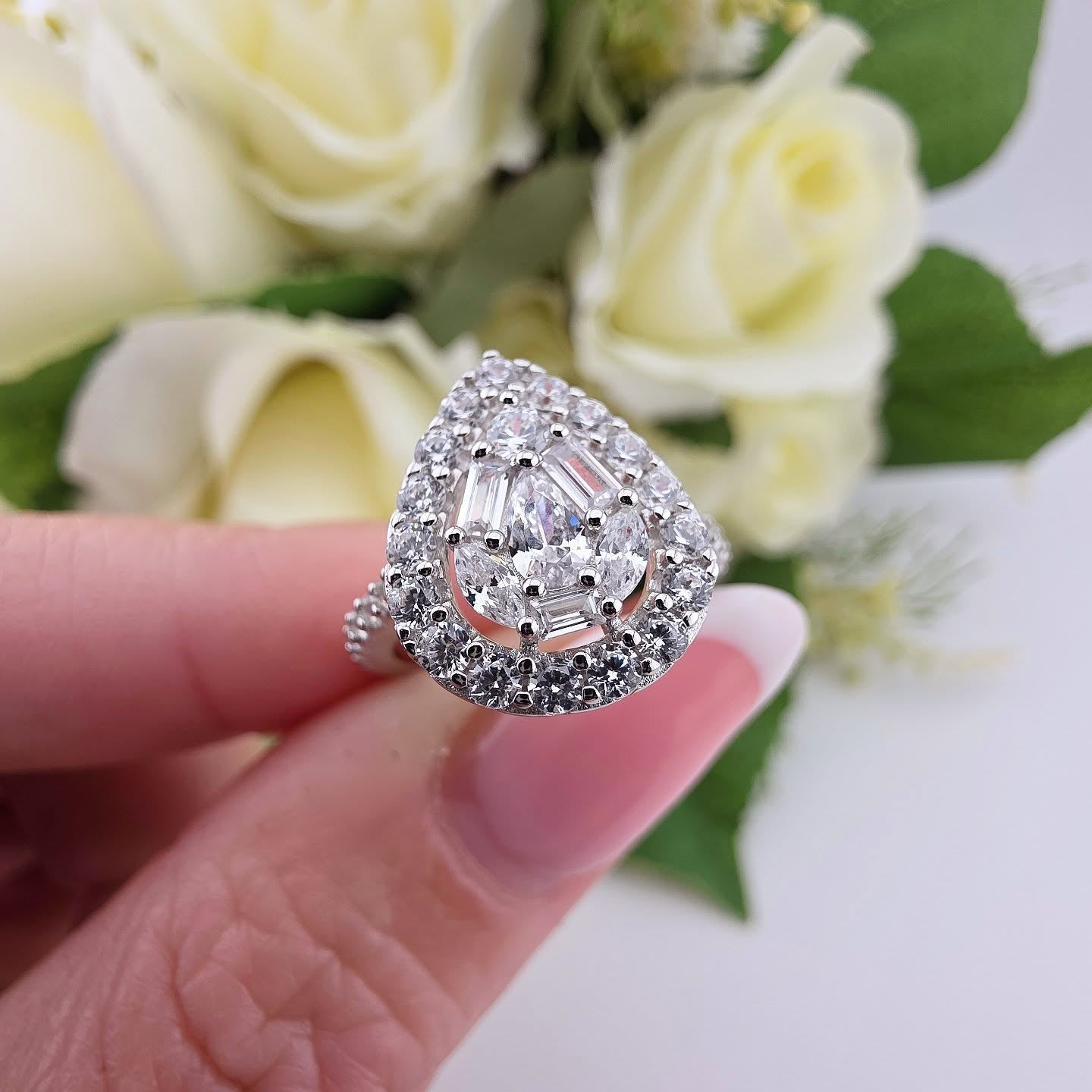 925 Sterling Silver Radiant Pear Shaped Round & Baguette CZ Cluster Ring