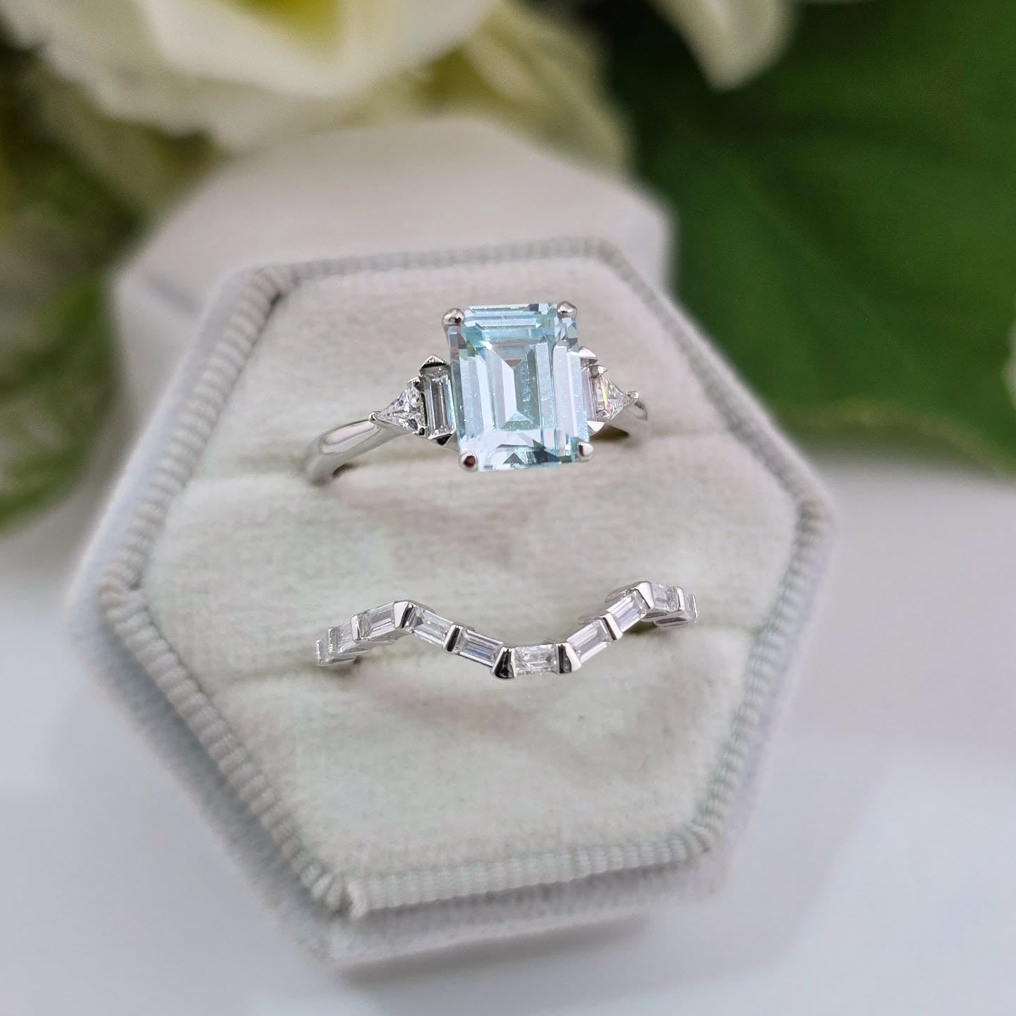 925 Sterling Silver Aquamarine & Baguette CZ Matching Ring Set