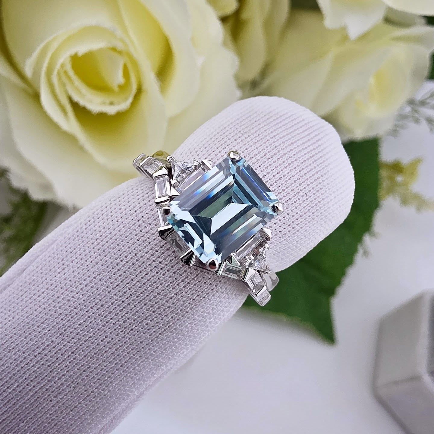 925 Sterling Silver Aquamarine & Baguette CZ Matching Ring Set