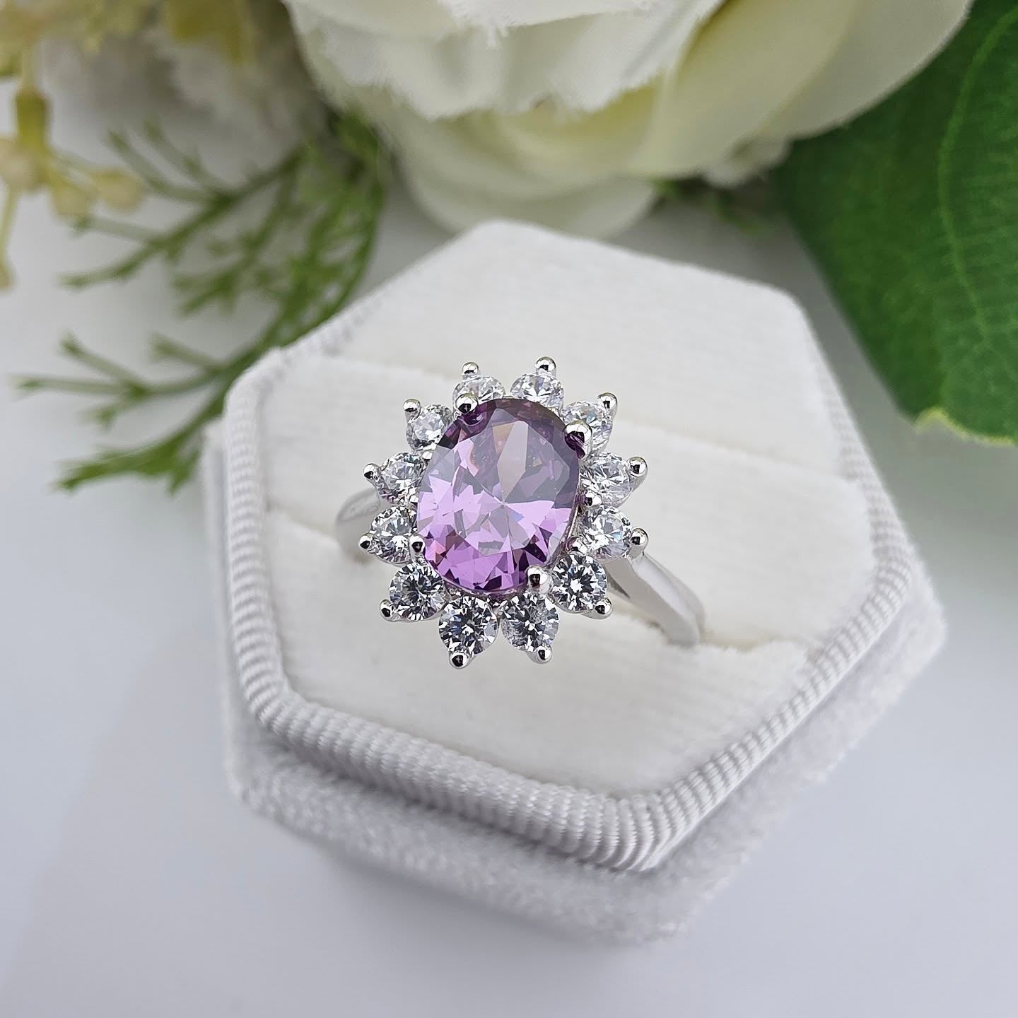 925 Sterling Silver Oval Amethyst & Clear CZ Halo Ring