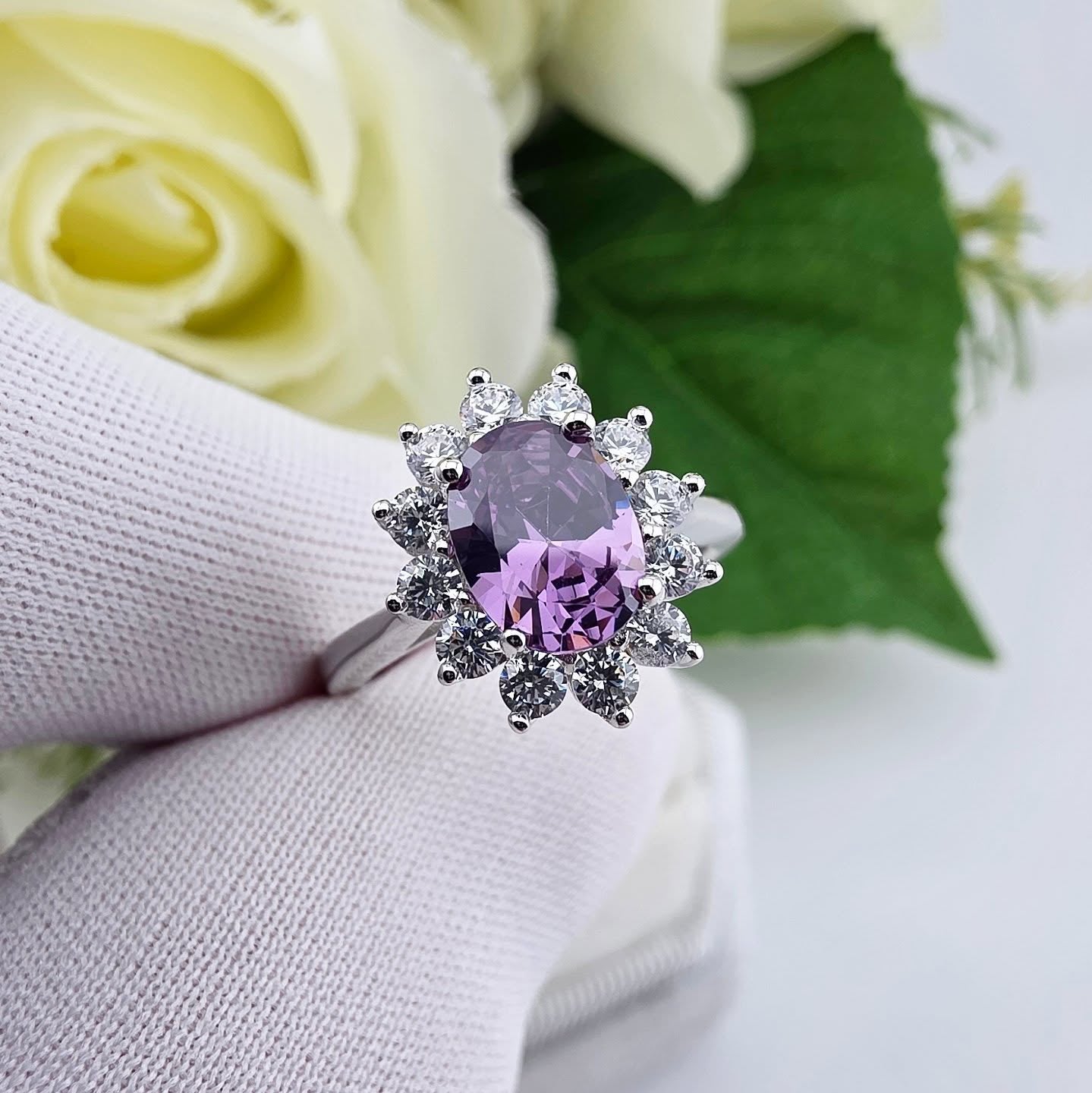 925 Sterling Silver Oval Amethyst & Clear CZ Halo Ring