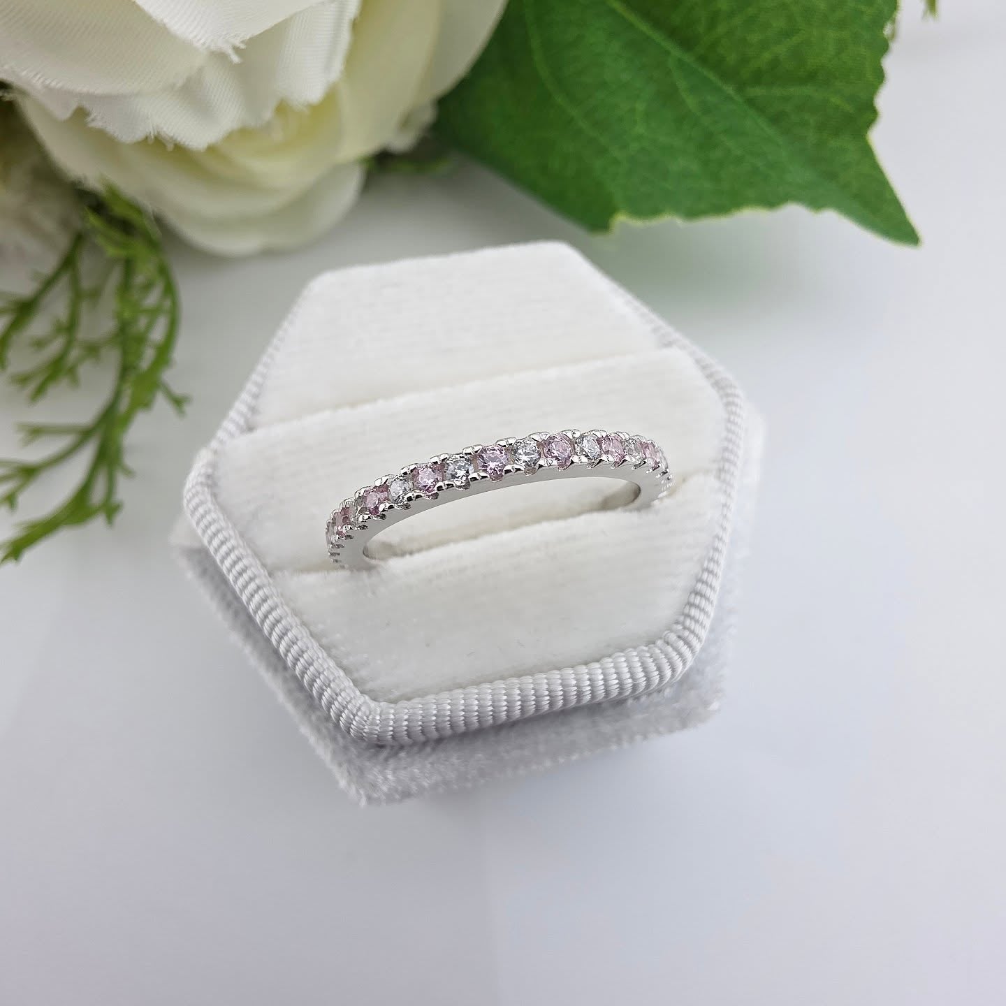 925 Sterling Silver Pink & White Cz Full Eternity Ring