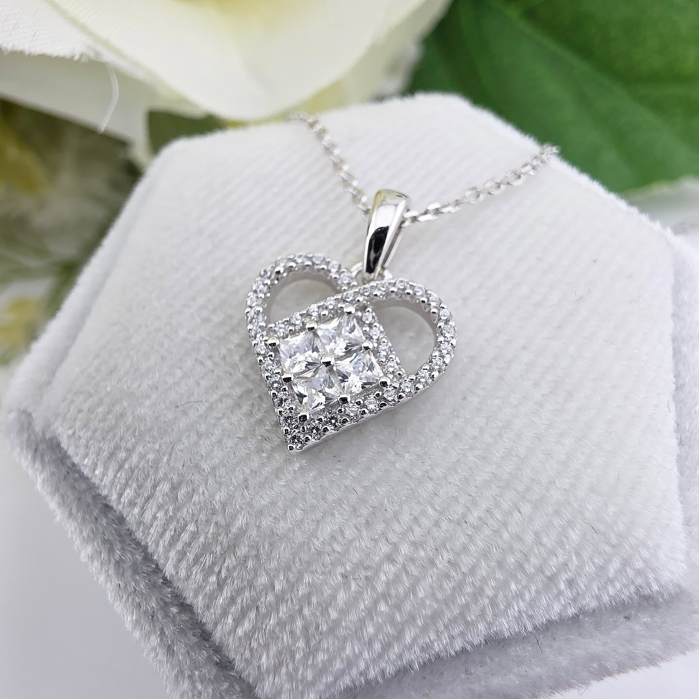 925 Sterling Silver Heart CZ Cluster Pendant with Chain