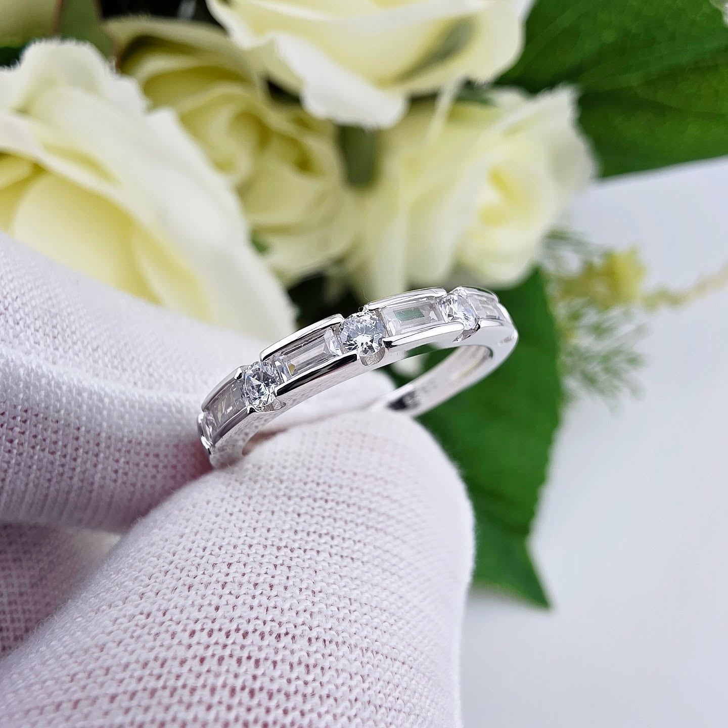 925 Sterling Silver Baguette & Round CZ Half Eternity Ring