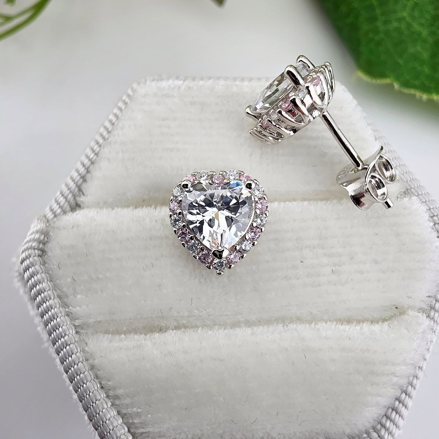 925 Sterling Silver Heart CZ Pink & White Halo Stud Earrings