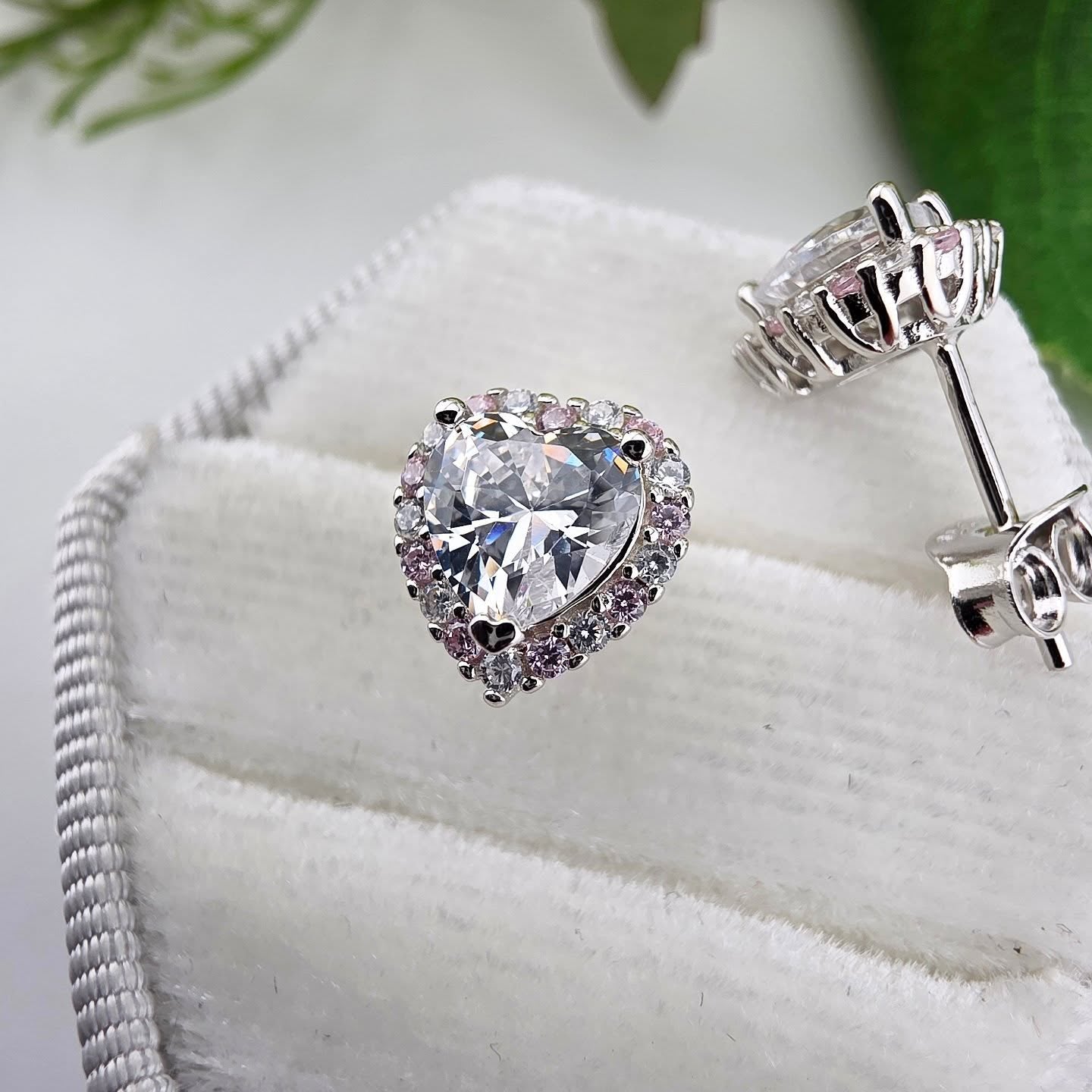 925 Sterling Silver Heart CZ Pink & White Halo Stud Earrings