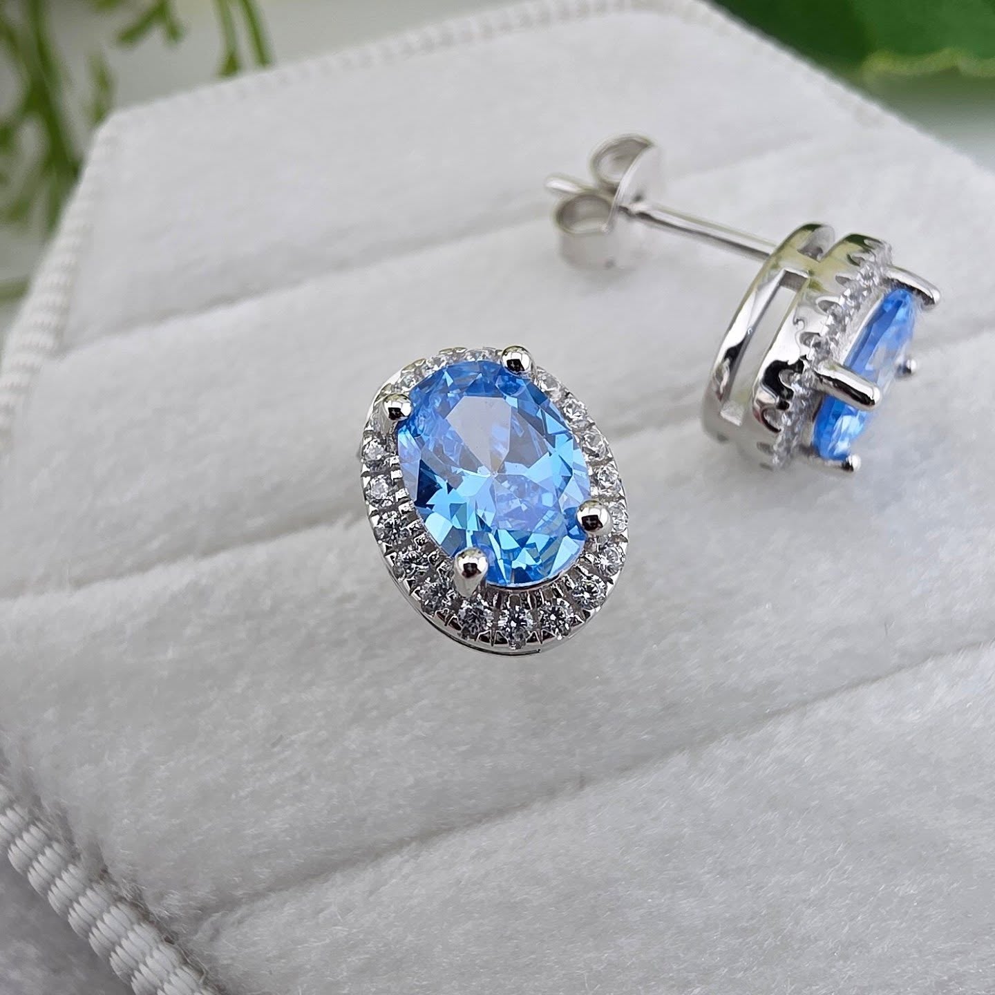 925 Sterling Silver Oval Blue Topaz Colour CZ Halo Stud Earrings