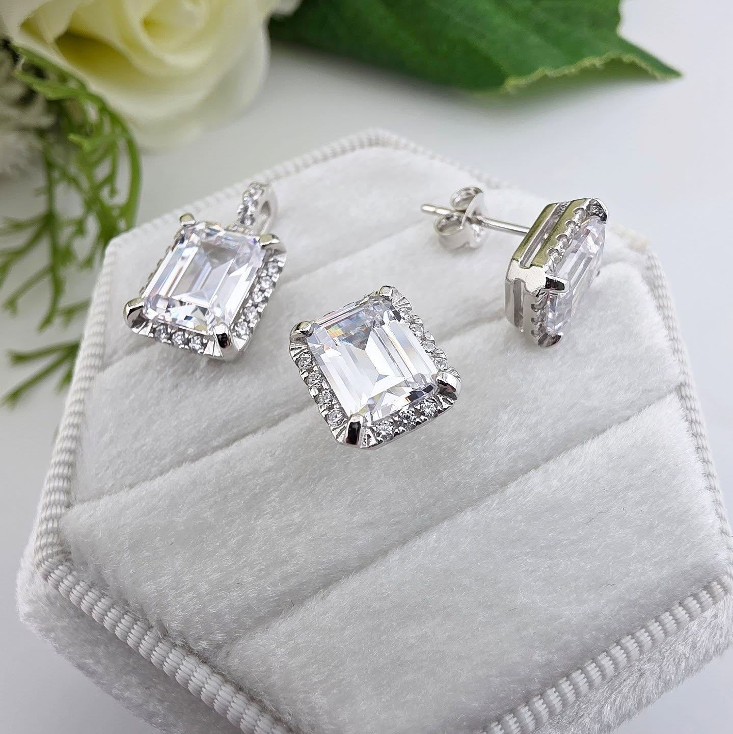 925 Sterling Silver Emerald Cut Halo Pendant & Stud Earring Set with 18" Chain