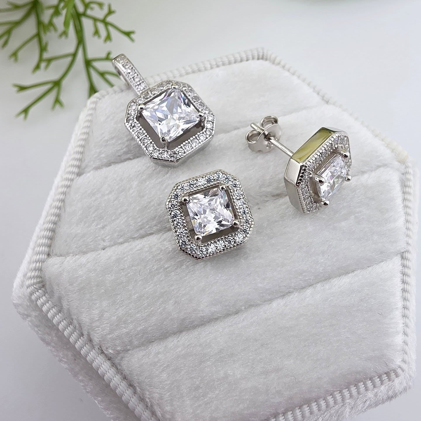 925 Sterling Silver Square Halo Stud Earrings & Pendant Set with 18" Chain