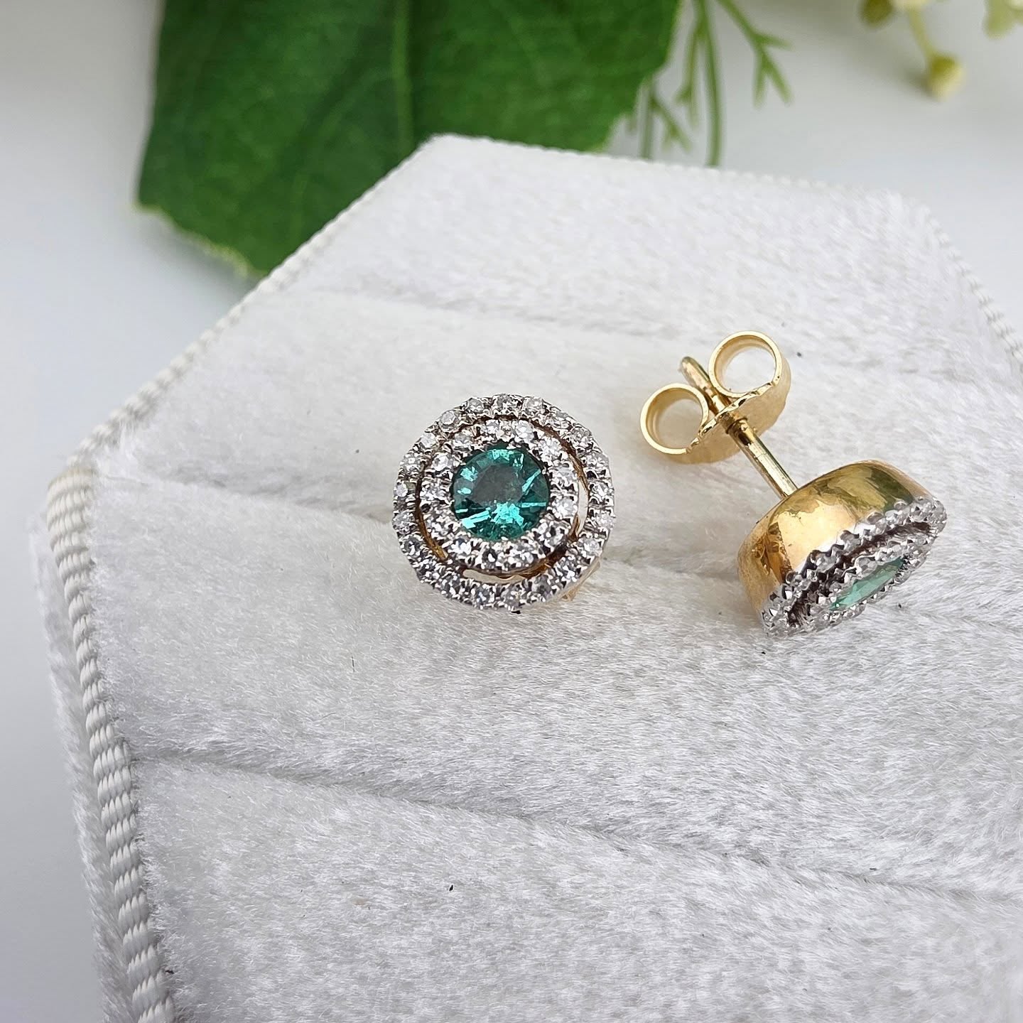 9ct Double Halo 0.25ct Diamond & 0.40ct Emerald Stud Earrings