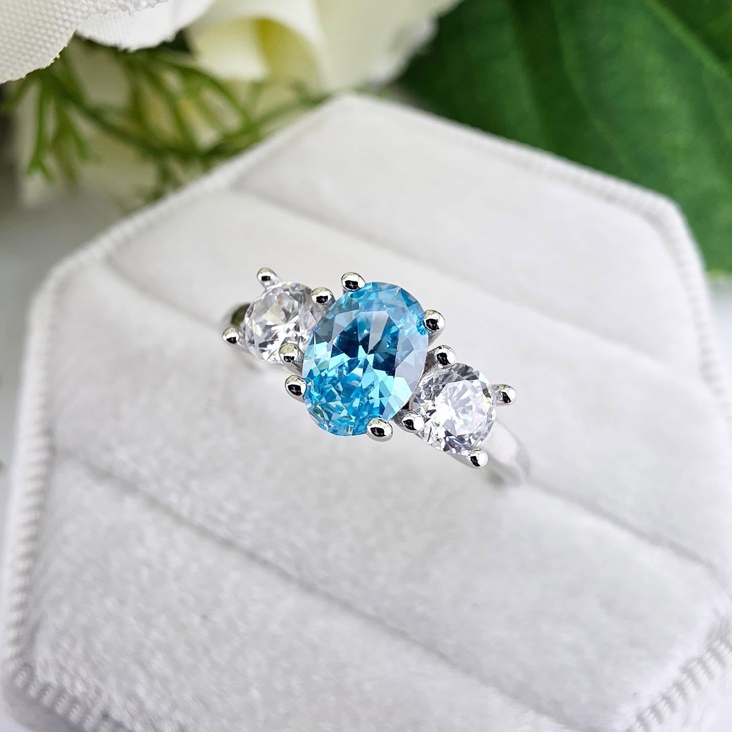 925 Sterling Silver Oval Aqua CZ Trilogy Ring