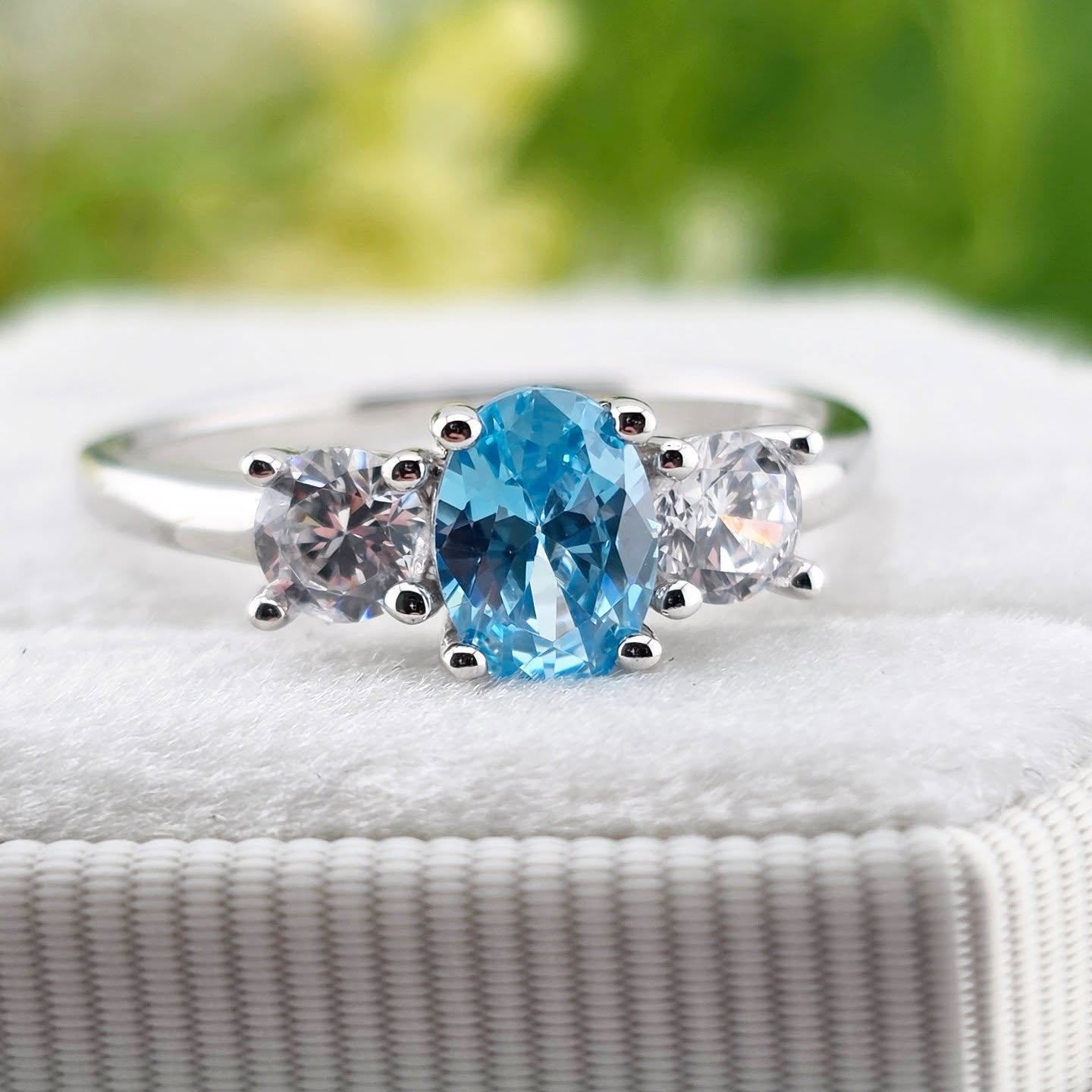 925 Sterling Silver Oval Aqua CZ Trilogy Ring