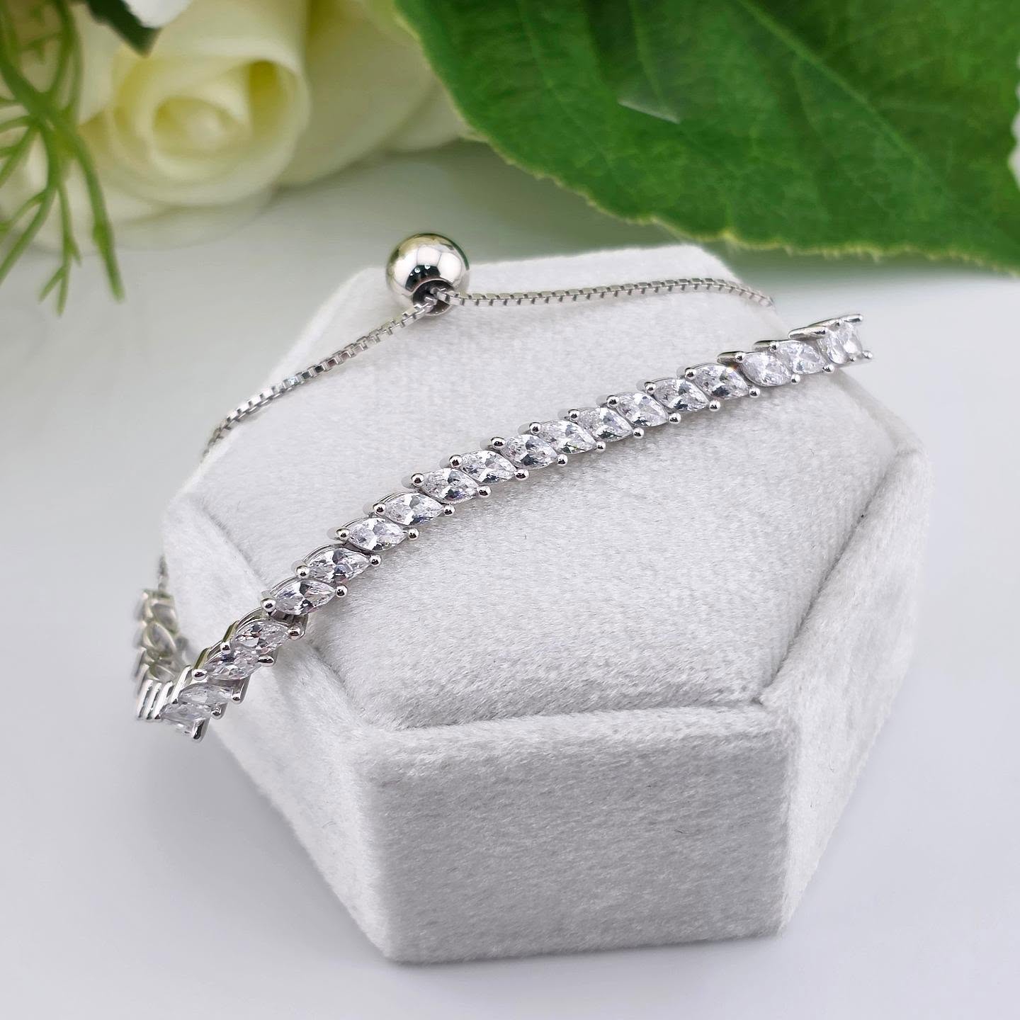 925 Sterling Silver Adjustable Marquise Cut Tennis Bracelet