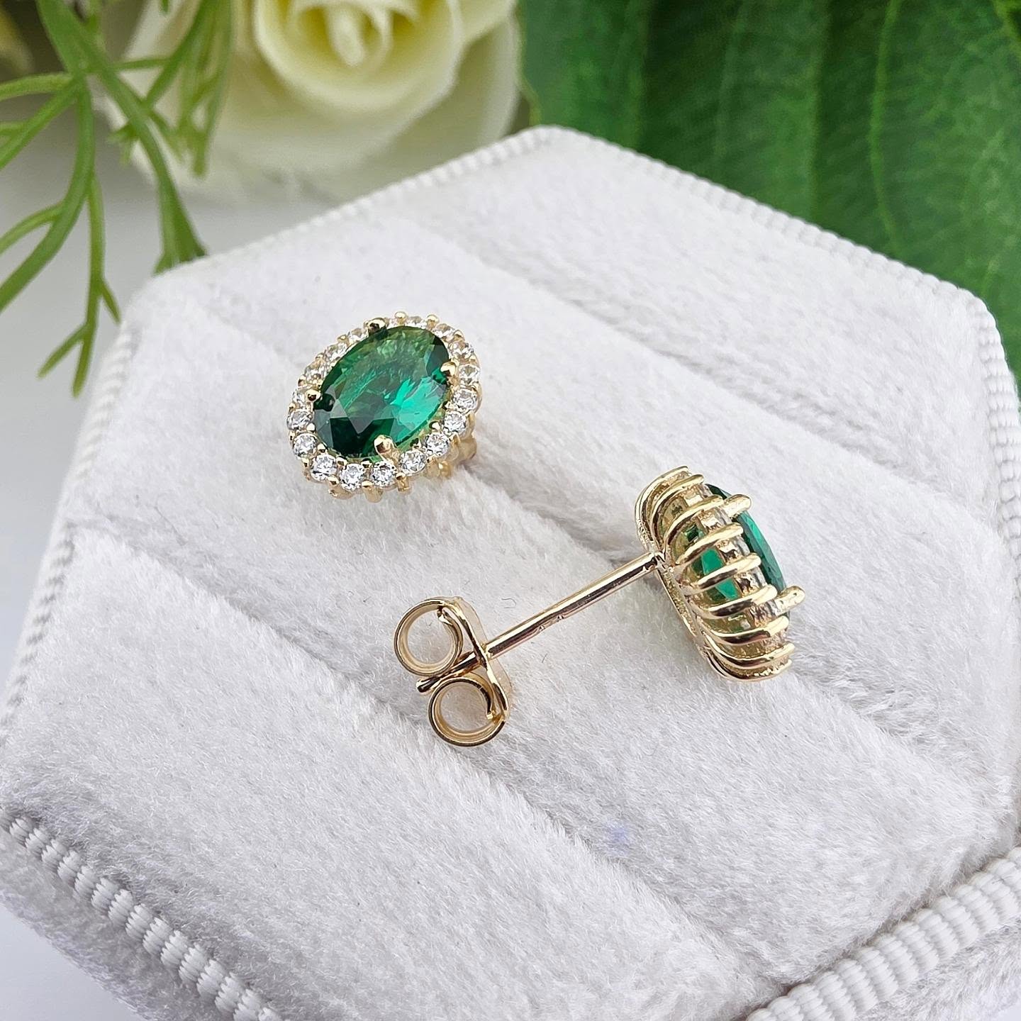 9ct Yellow Gold Green CZ Oval Cut Halo Stud Earrings