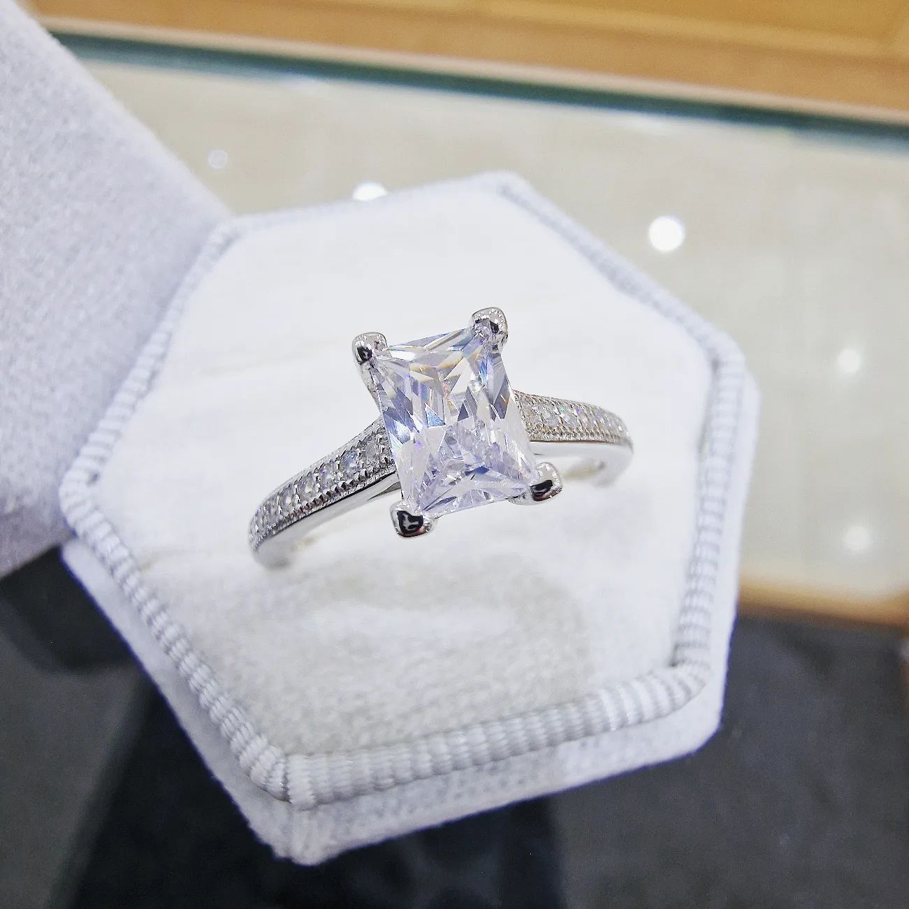 925 Sterling Silver Emerald Cut Cz Solitaire with Pave Set Shoulders Ring J-Jaz