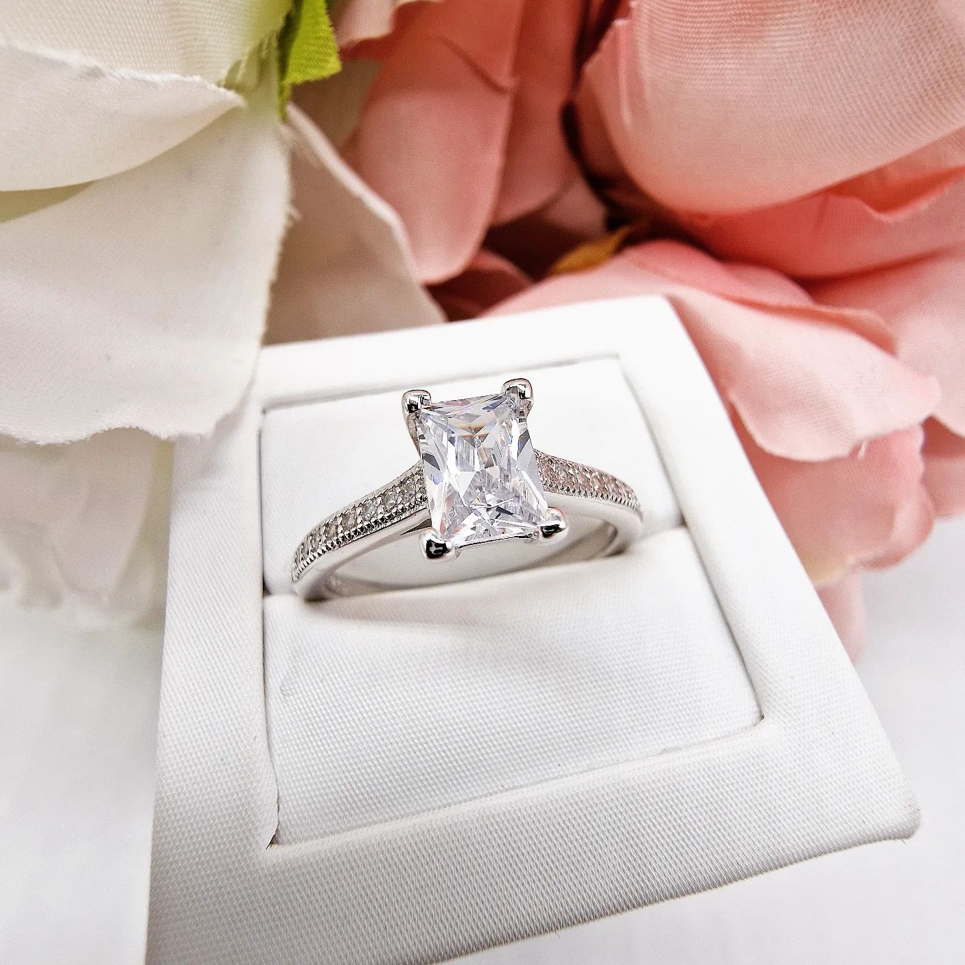 925 Sterling Silver Emerald Cut Cz Solitaire with Pave Set Shoulders Ring J-Jaz