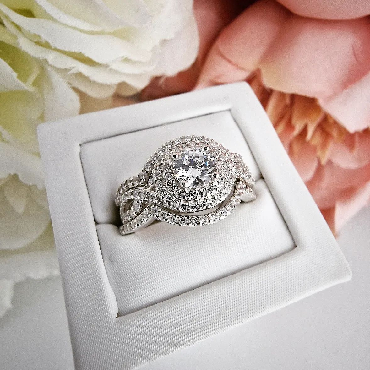 925 Sterling Silver Double Halo with Infinity Band Part Ring Set