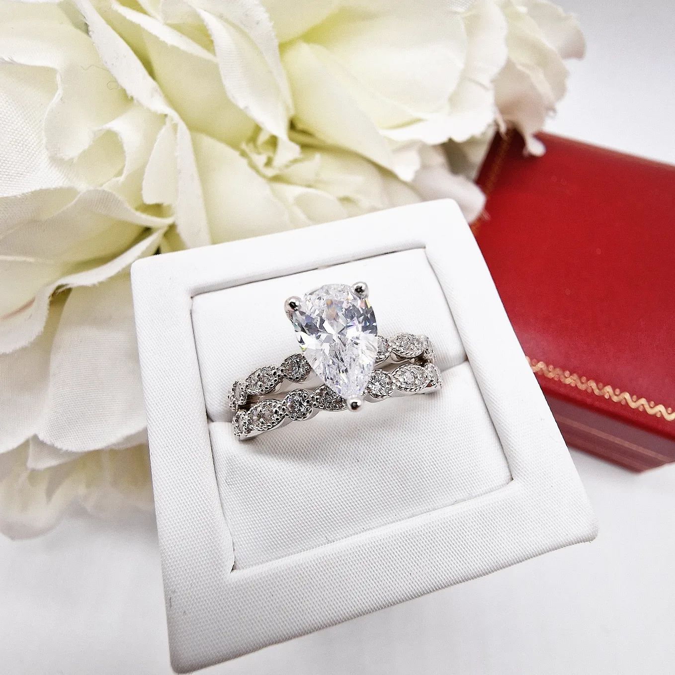 925 Sterling Silver Pear Cut Cz Ring Set With Millgrain Vintage Settin