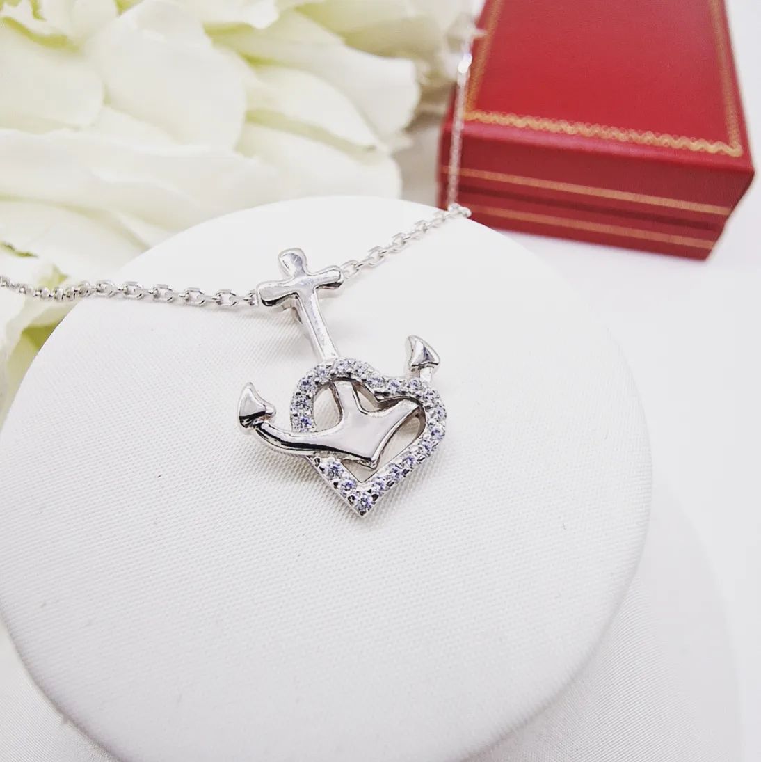 925 Sterling Silver Anchor CZ Heart Pendant with Chain J-Jaz