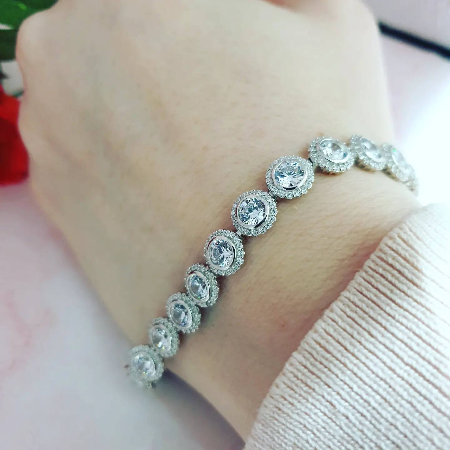 925 Sterling Silver Rubover Round Cubic Zirconia Halo Style Tennis Bracelet